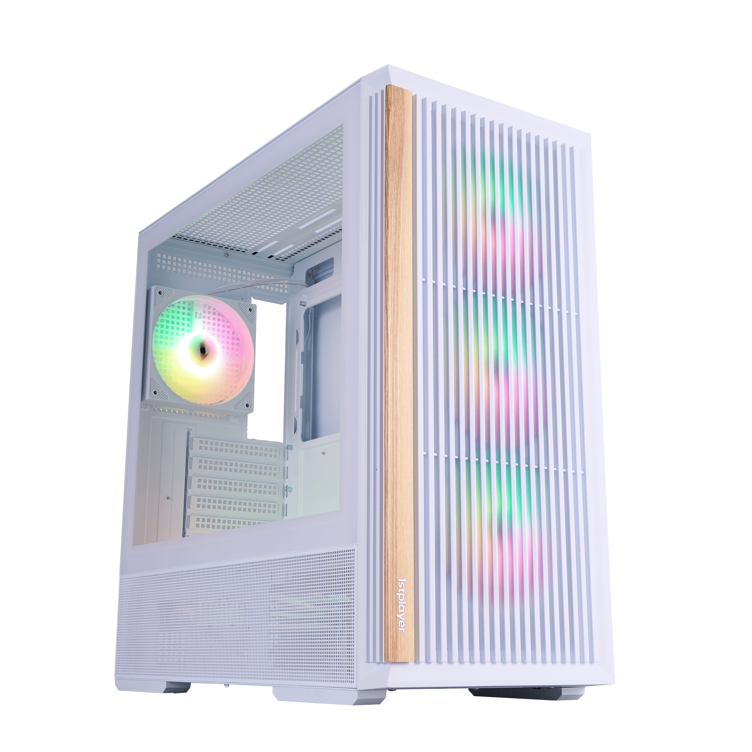 Modern white gaming PC case with RGB fans and wooden accents.