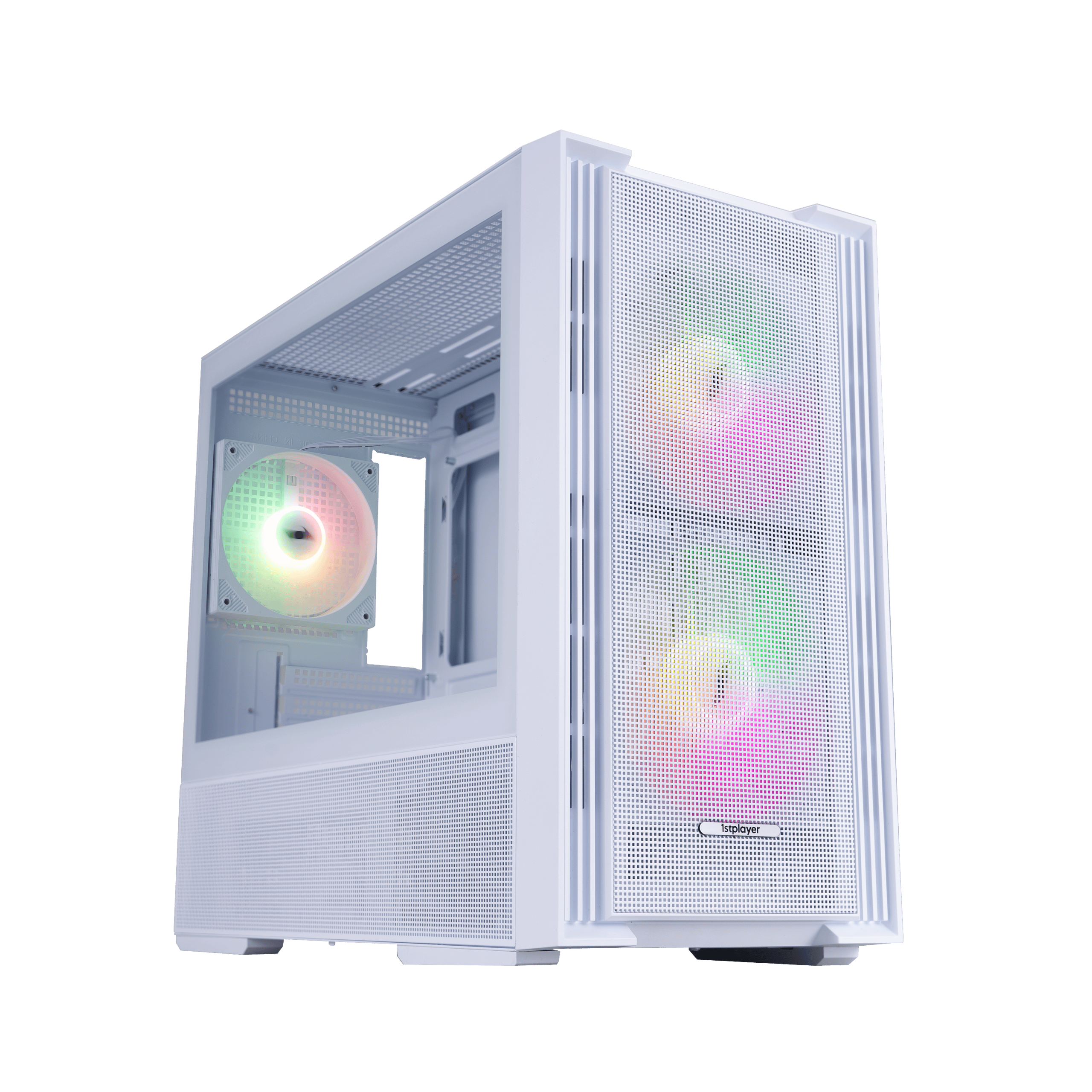 RGB gaming PC case with cooling fans and mesh panels for optimal airflow.