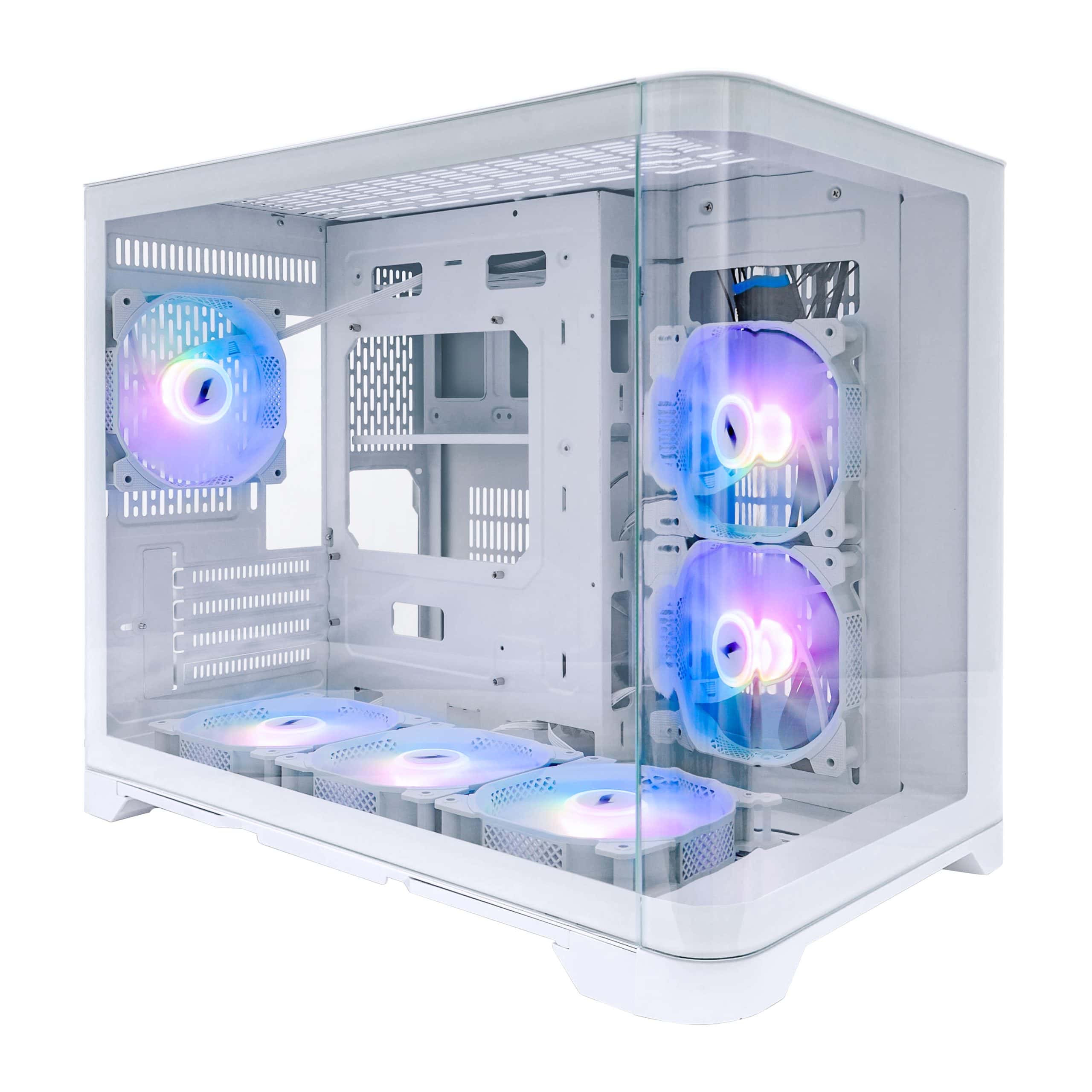 RGB PC case with transparent side panel and cooling fans.
