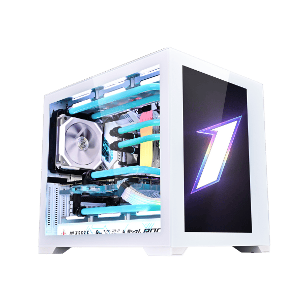 High-performance custom gaming PC with liquid cooling and RGB lighting.