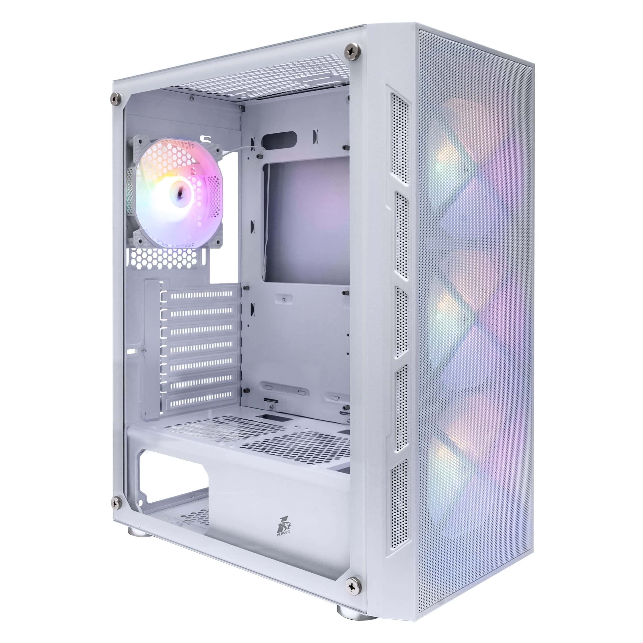 RGB PC case with white finish and multiple cooling fans for gaming and high-performance builds.