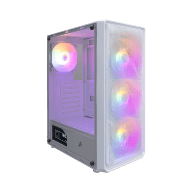 RGB gaming PC case with tempered glass side panel and customizable lighting.