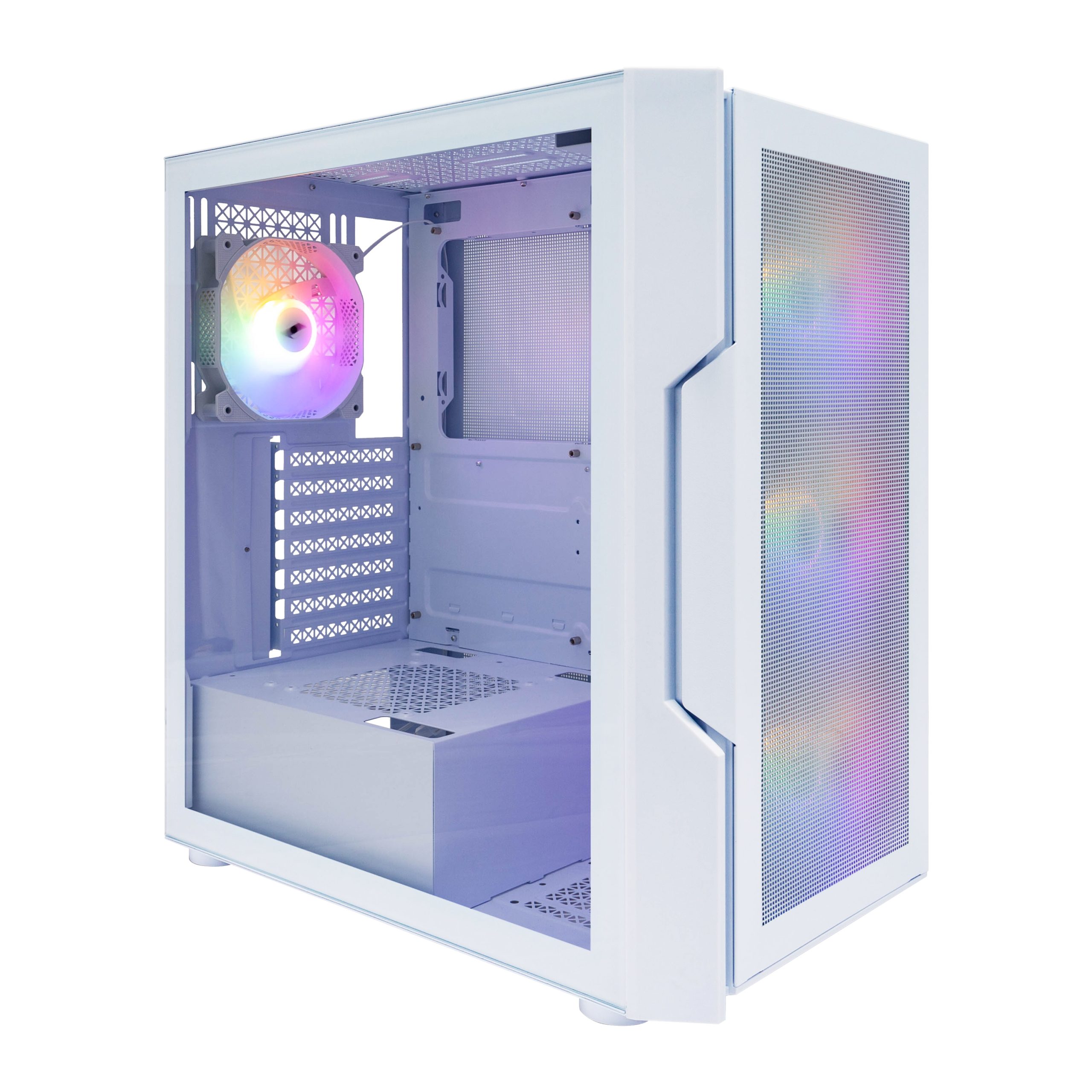 White gaming PC case with RGB fan and tempered glass side panel.