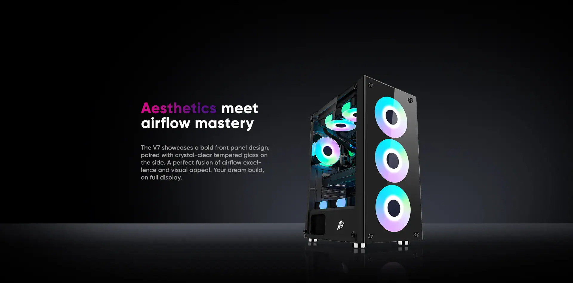 Custom gaming PC with RGB cooling fans and sleek black case.