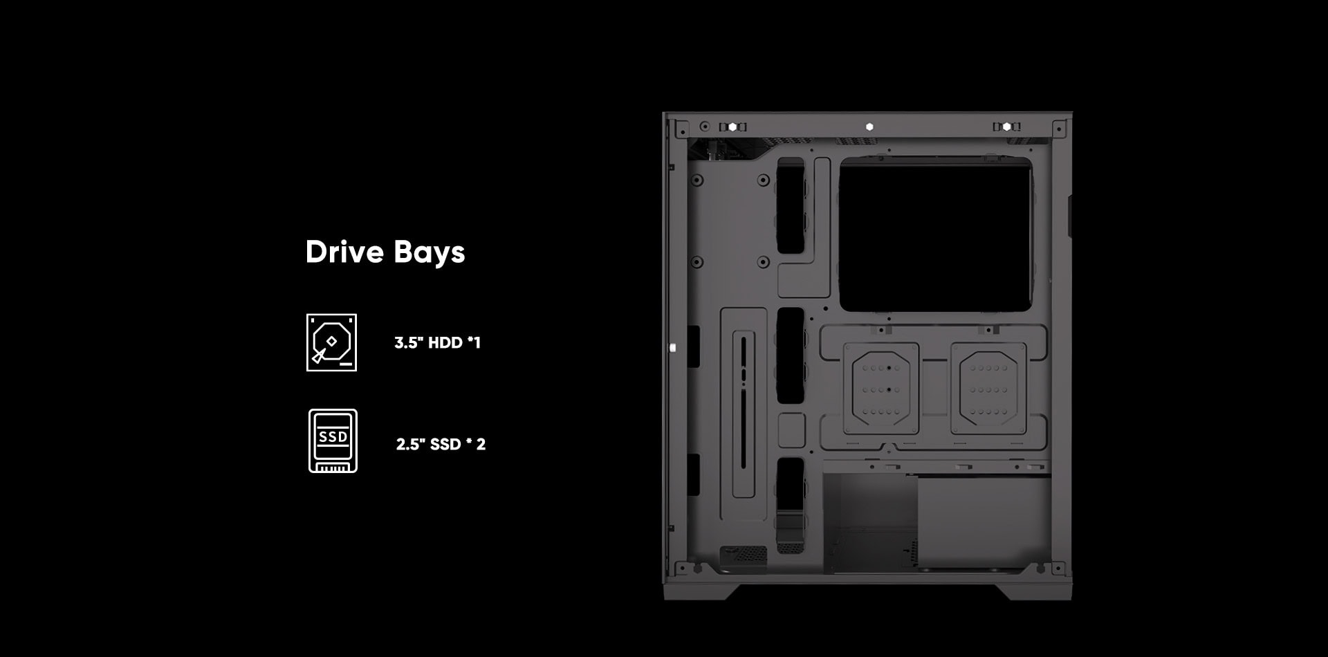 ATX PC case featuring multiple drive bays for storage expansion.
