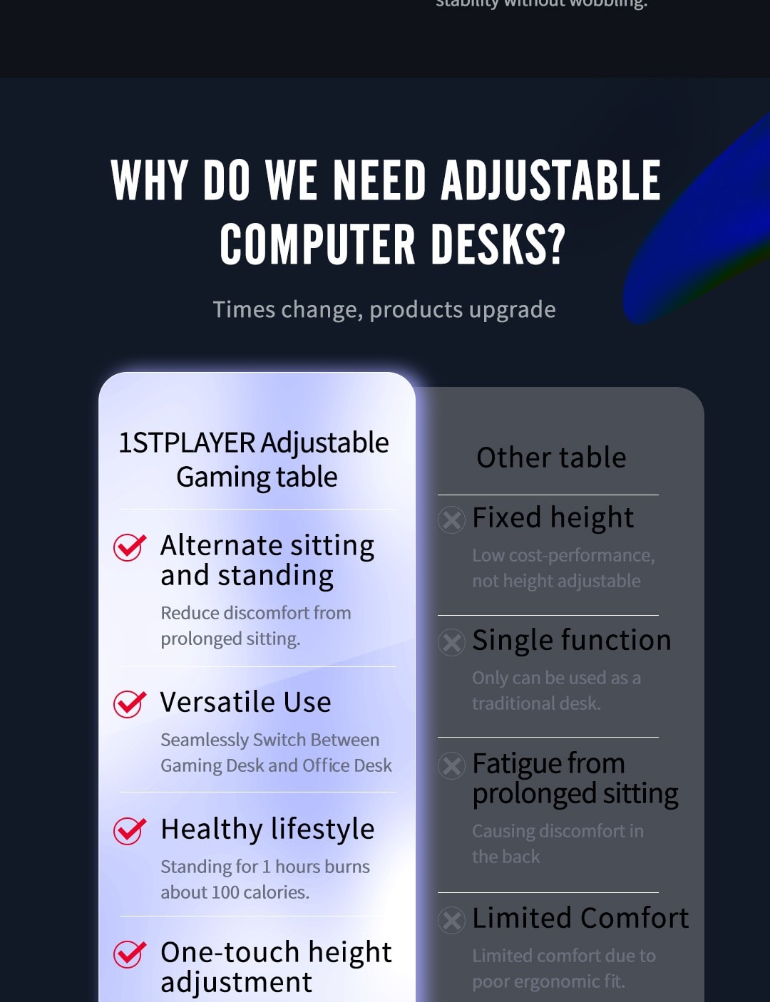 Adjustable gaming and office desk for ergonomic comfort and versatile use.