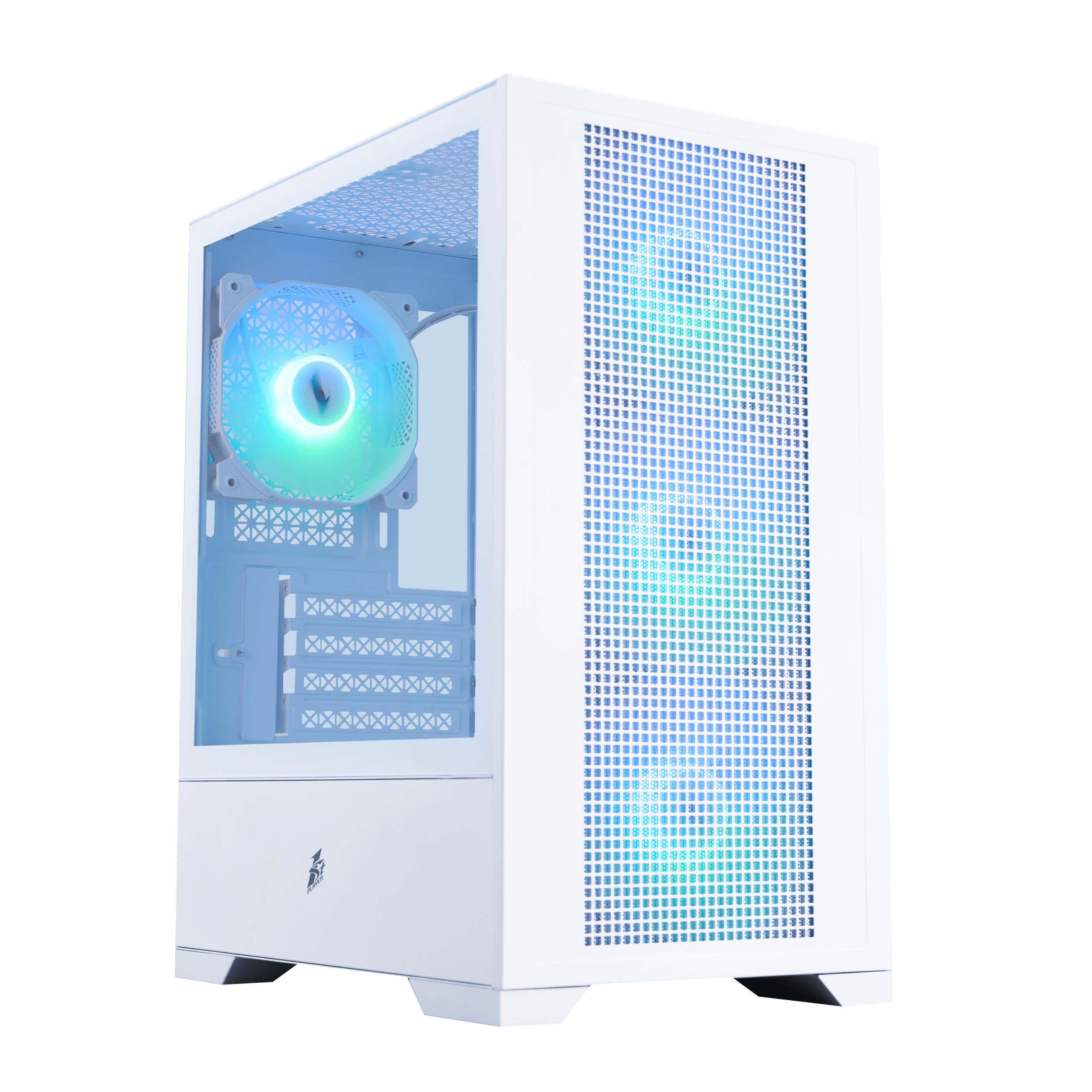 High-performance gaming PC case with RGB lighting and sleek white design.