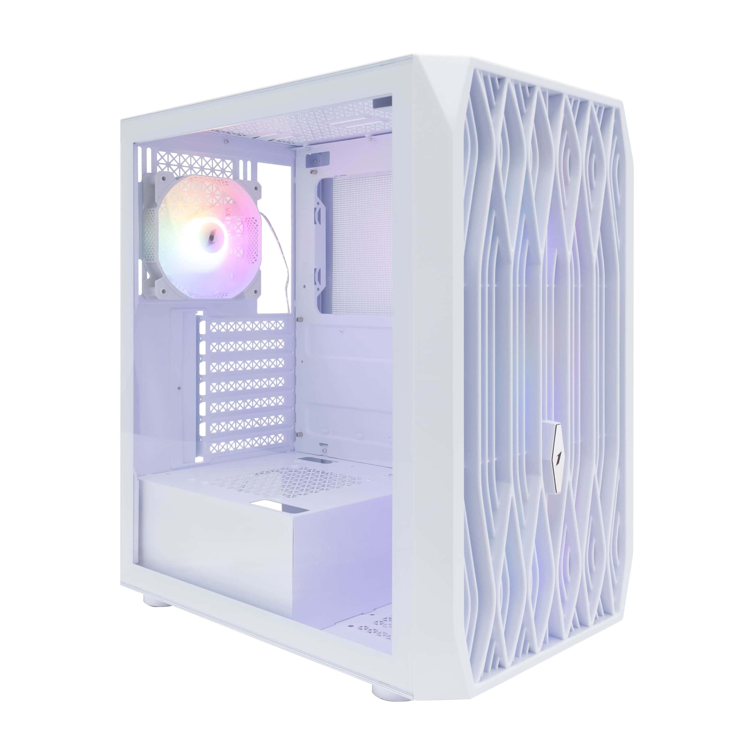 White gaming computer case with RGB fan and sleek design.