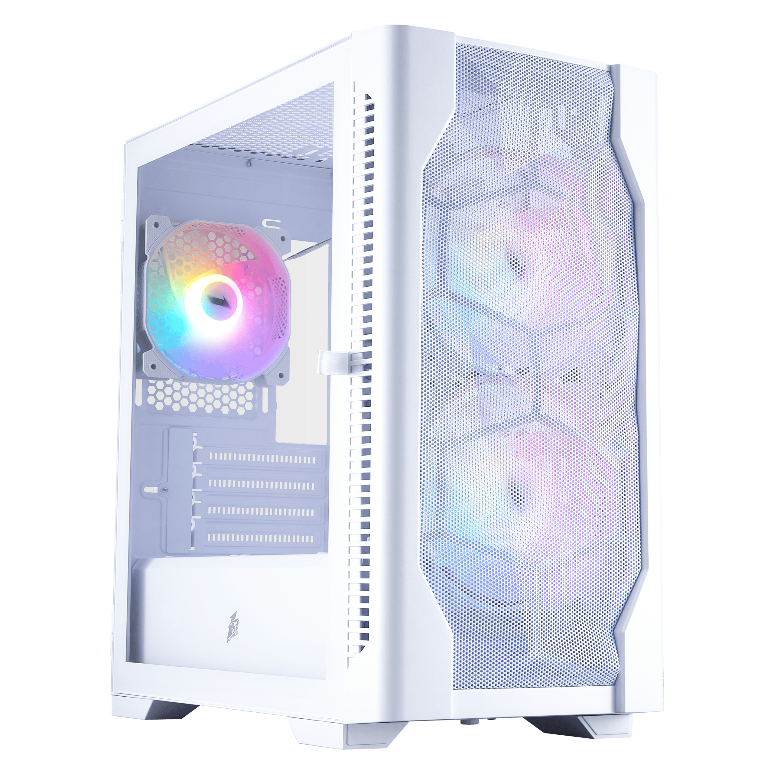 High-performance white gaming PC case with RGB fans and mesh front panel.