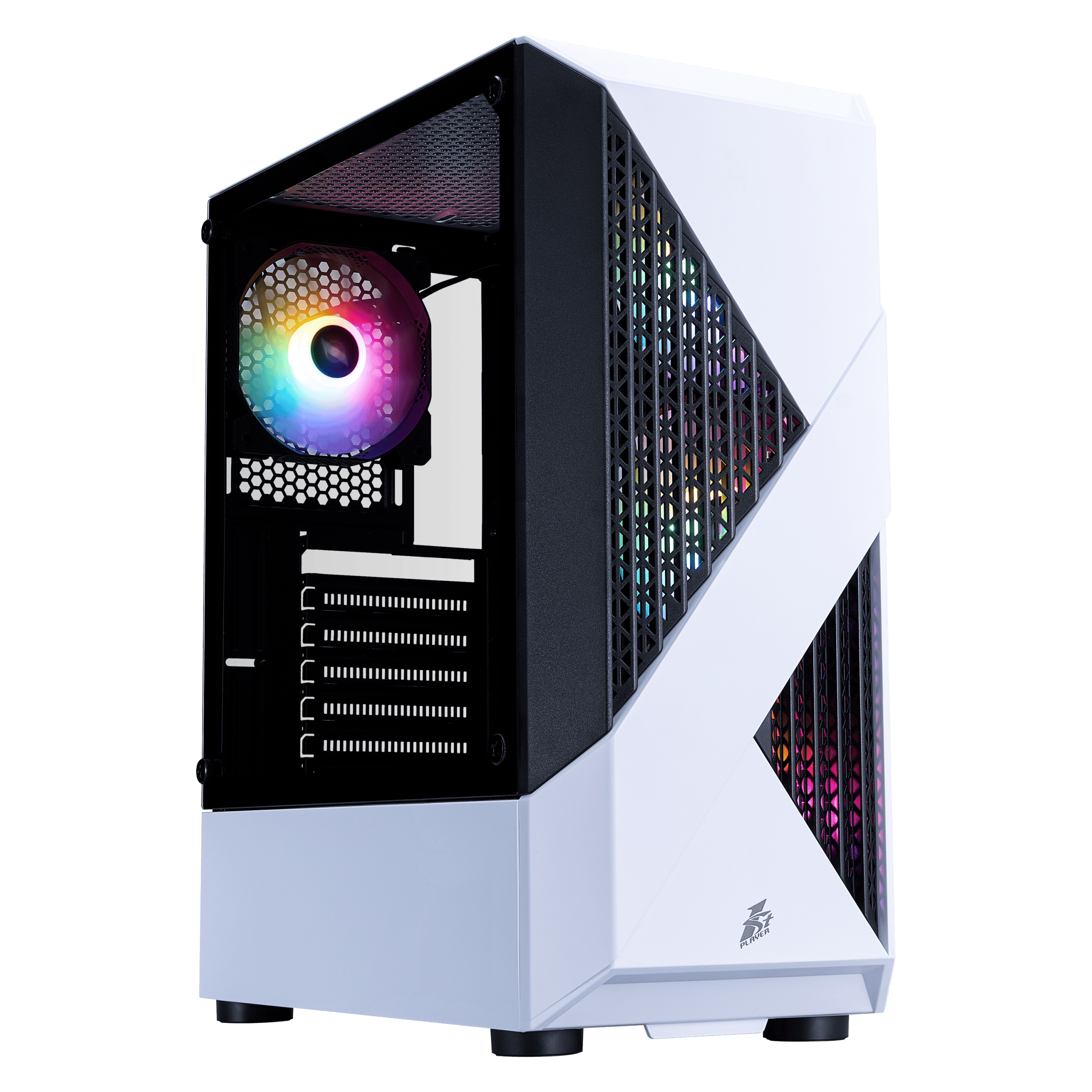 High-performance gaming PC case with RGB lighting and sleek design.