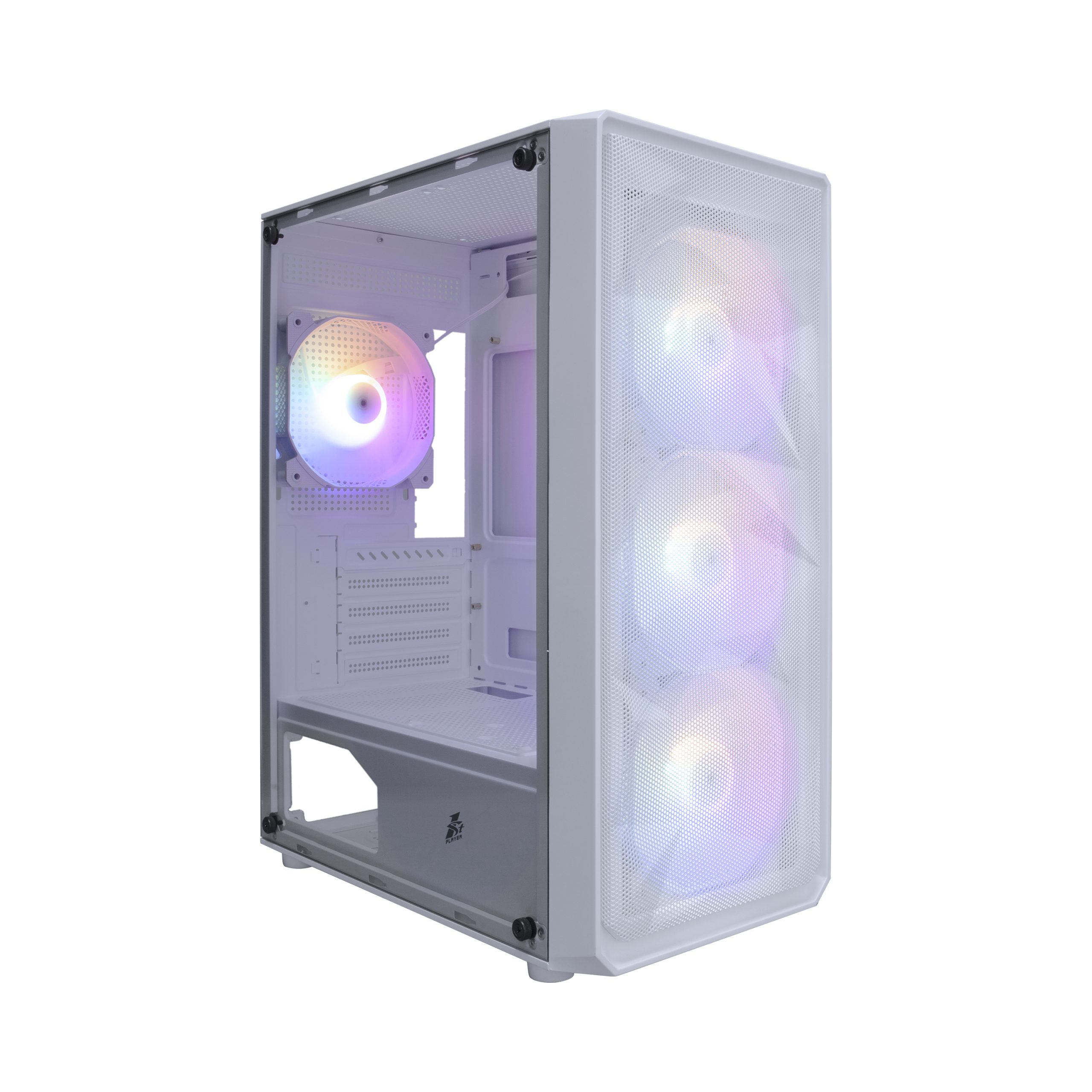 White gaming PC case with RGB fans and tempered glass side panel.