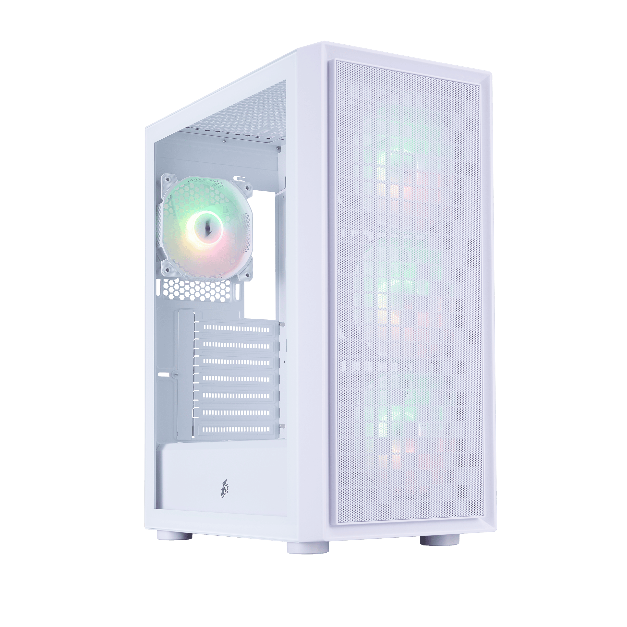 High-performance white gaming computer case with RGB fan and mesh front panel.