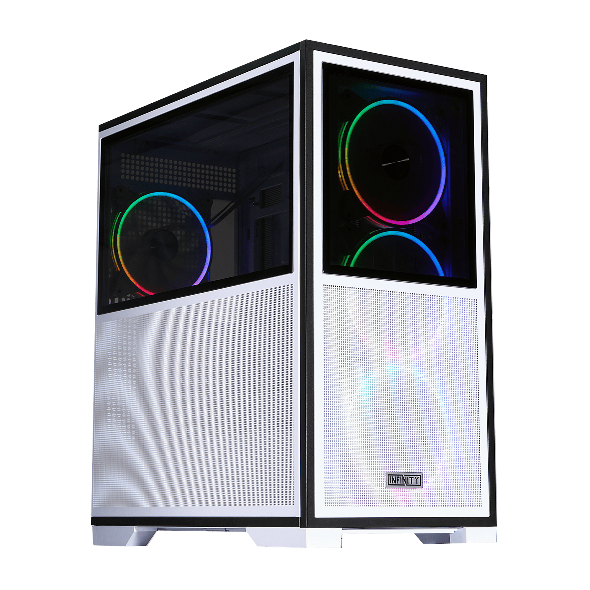 High-performance gaming computer with customizable RGB fans and sleek design.
