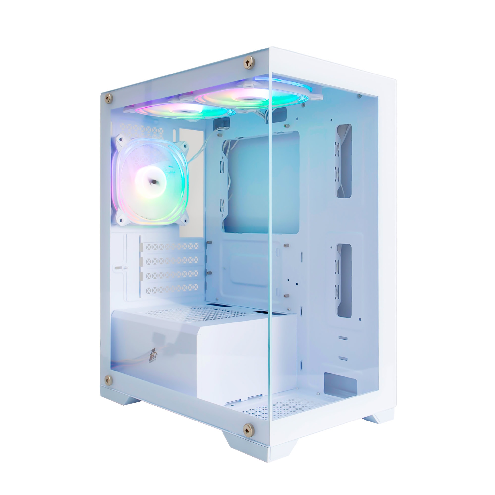 High-quality white gaming PC case with RGB lighting and tempered glass side panel.