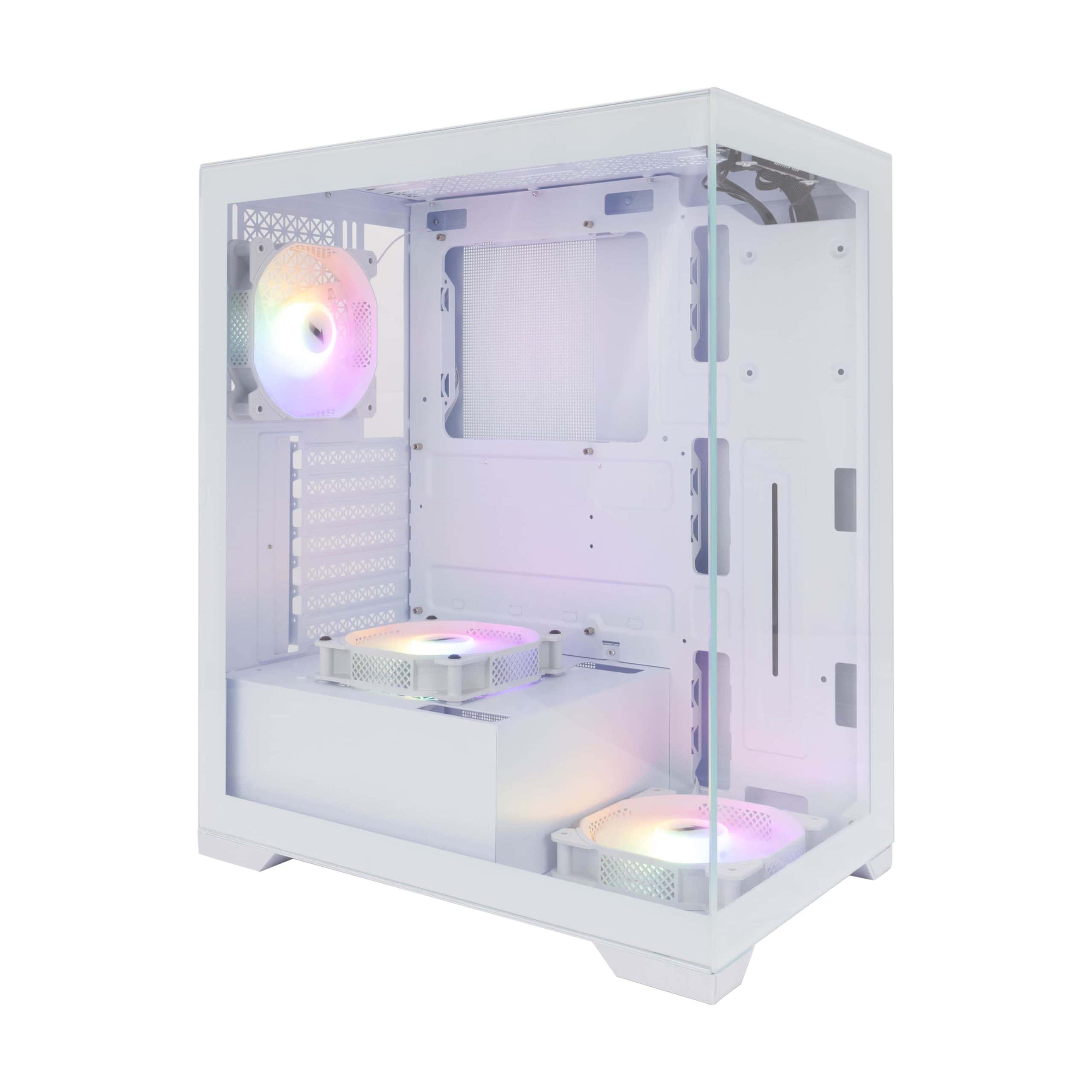 White gaming PC case with RGB fans and tempered glass side panel.