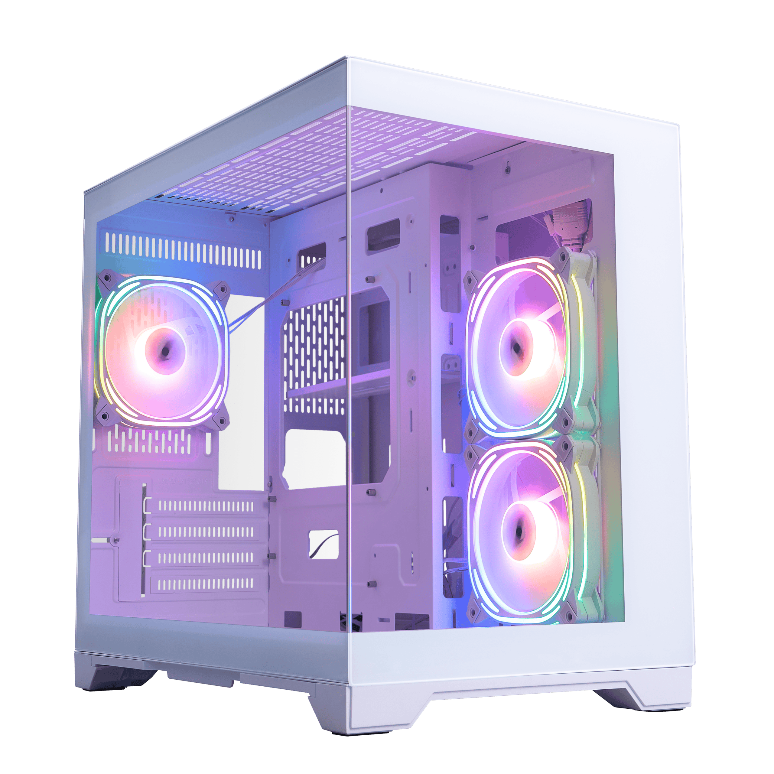 RGB-lit gaming PC case with transparent glass side panel and cooling fans.