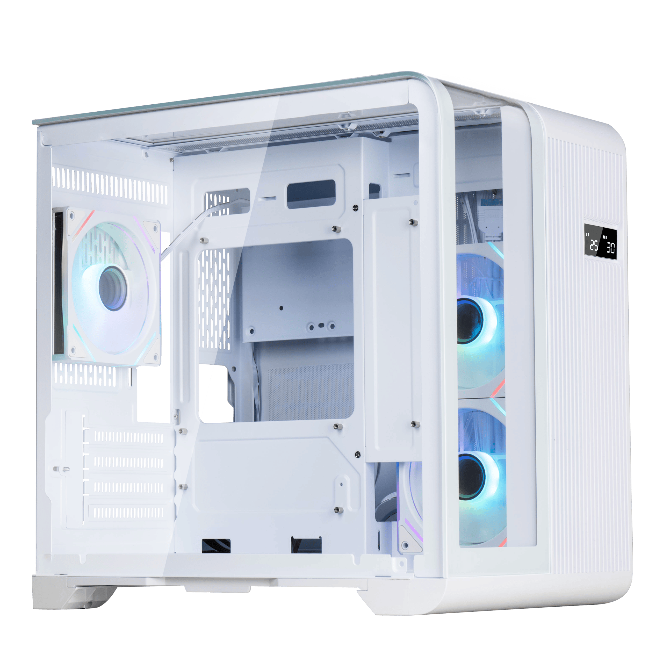Gaming PC case with RGB fans and tempered glass side panel.