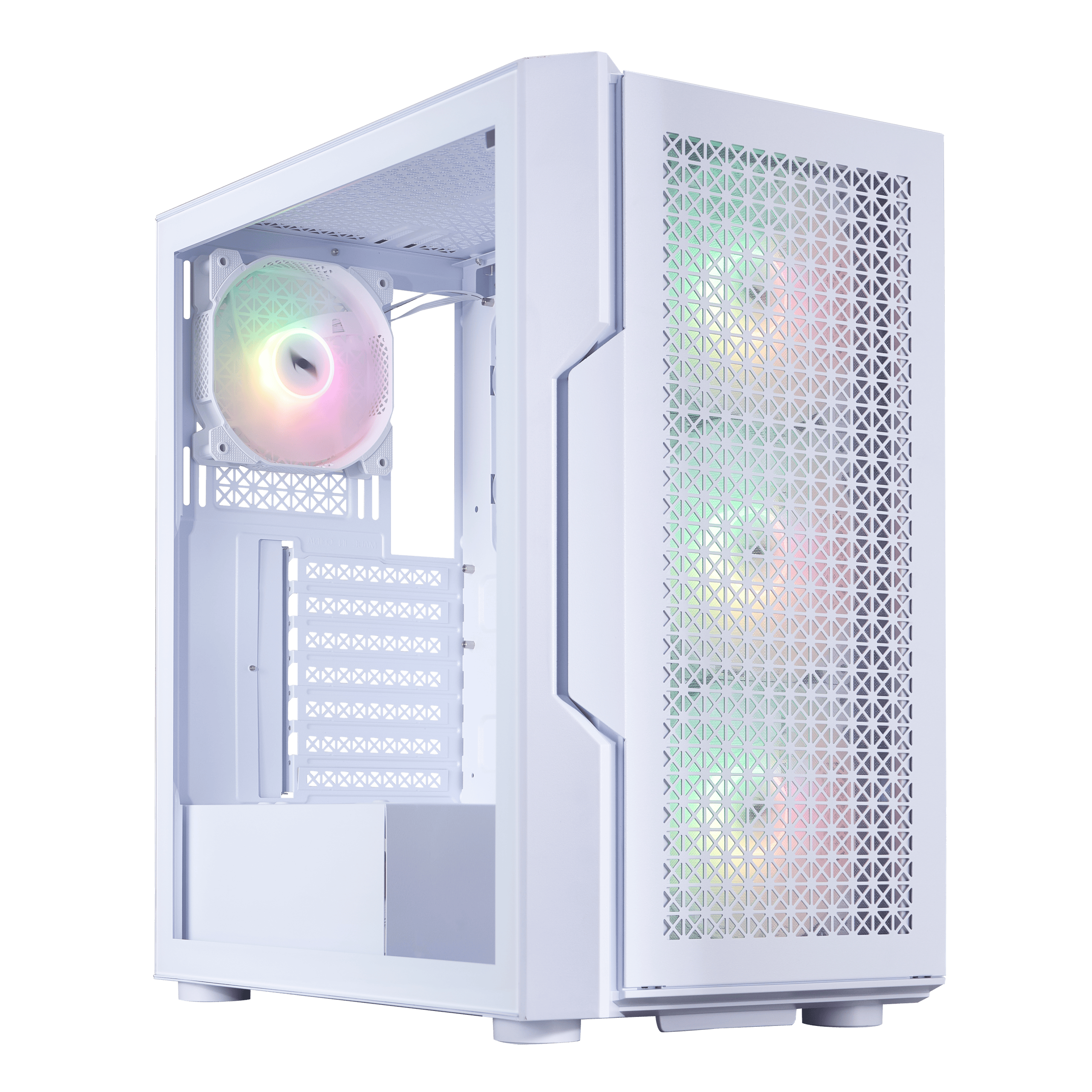 RGB gaming PC case with cooling fans and white chassis.