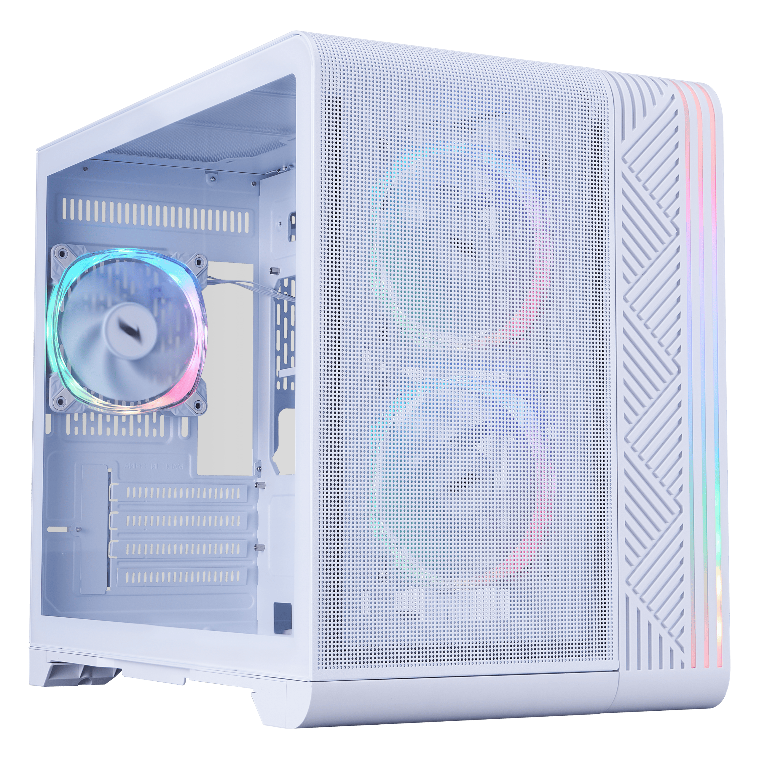 High-performance white gaming PC case with RGB fans and sleek design.