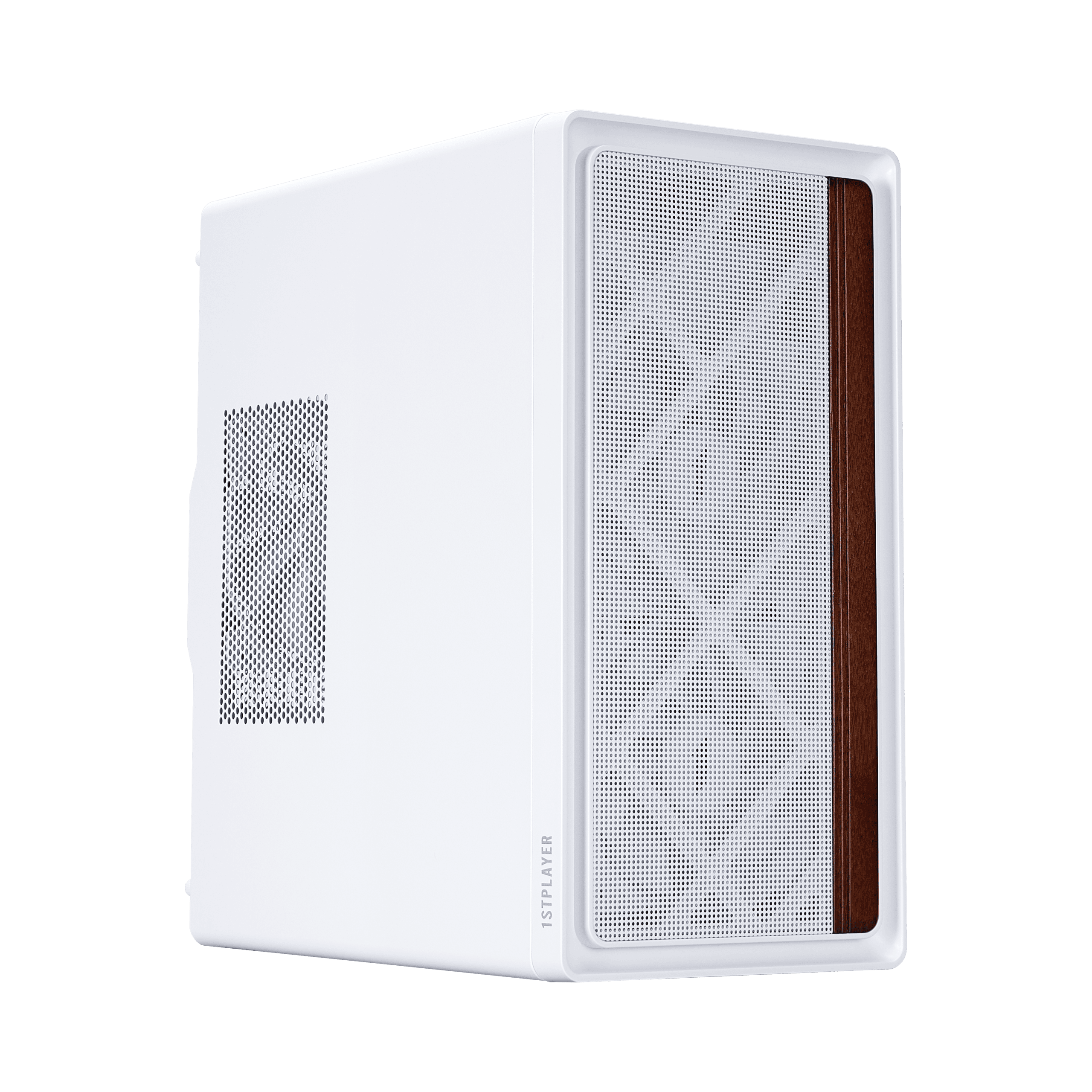 High-quality white computer case with mesh front panel and wooden accents.