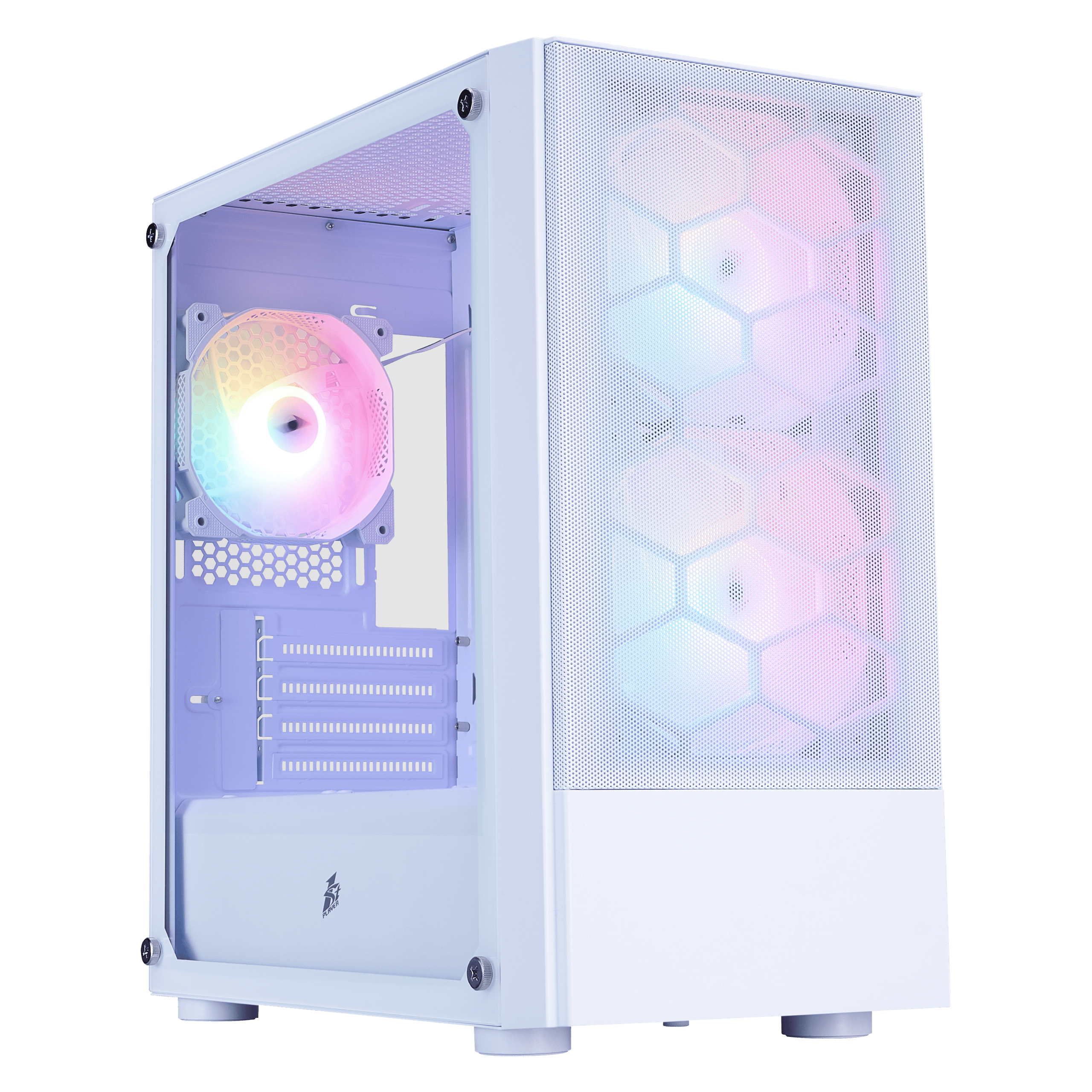 White gaming PC case with RGB fans and hexagonal mesh front panel.