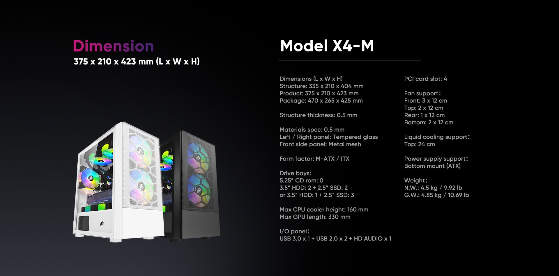 X4-M gaming PC case with RGB fans and tempered glass side panel.