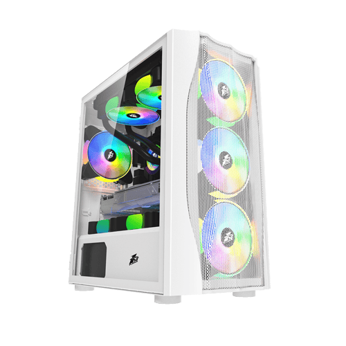 RGB gaming PC case with multiple cooling fans and tempered glass side panel.