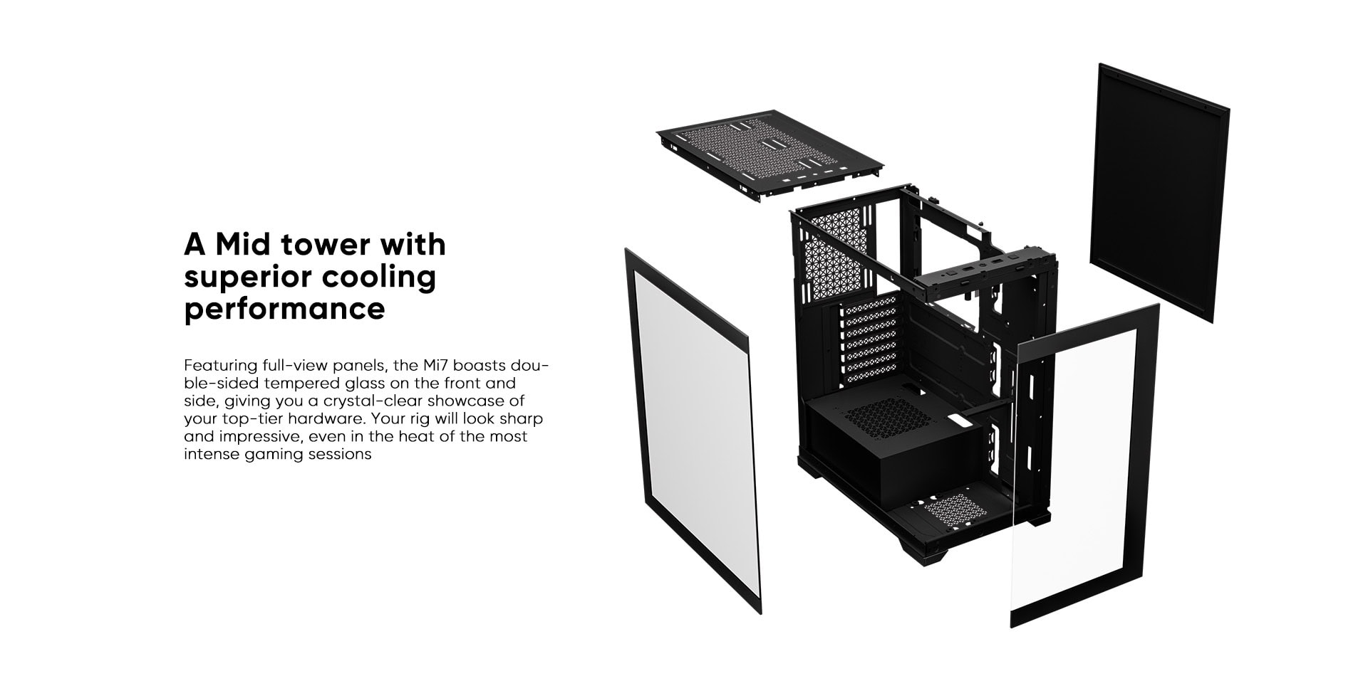Mid tower PC case with superior cooling and modular design for gaming builds.