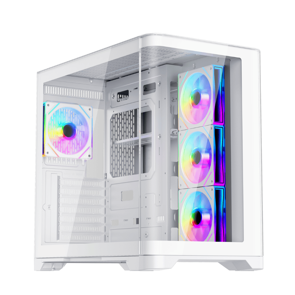 Gaming PC case with RGB fans and tempered glass side panel.