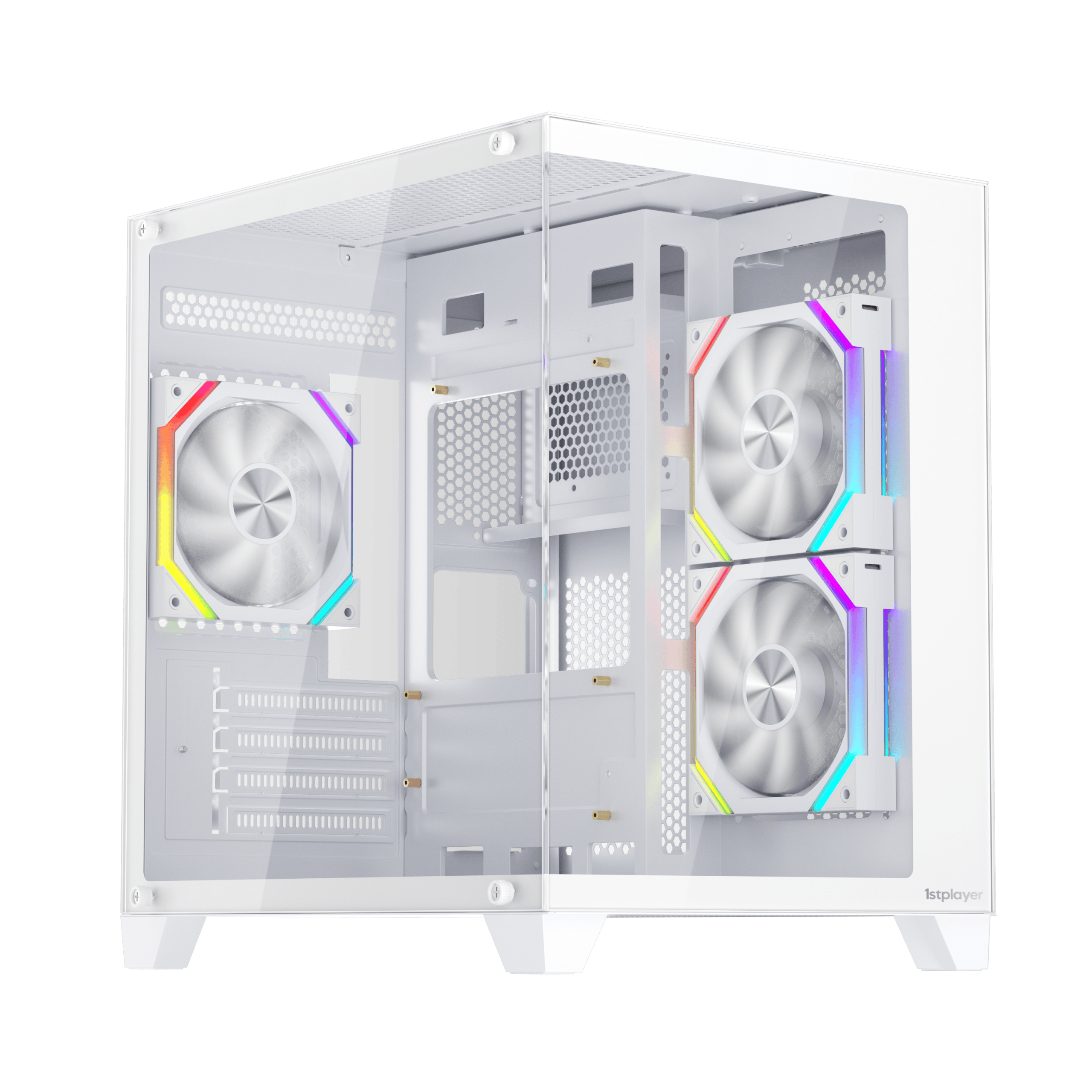 Gaming PC case with RGB fans and tempered glass side panel.