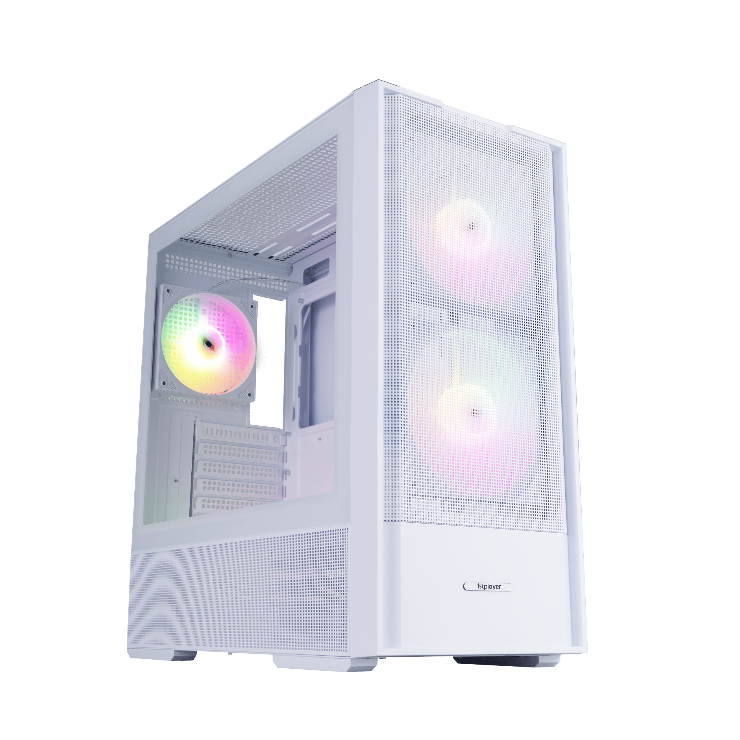 High-performance gaming PC case with RGB lighting and mesh panels for optimal airflow.