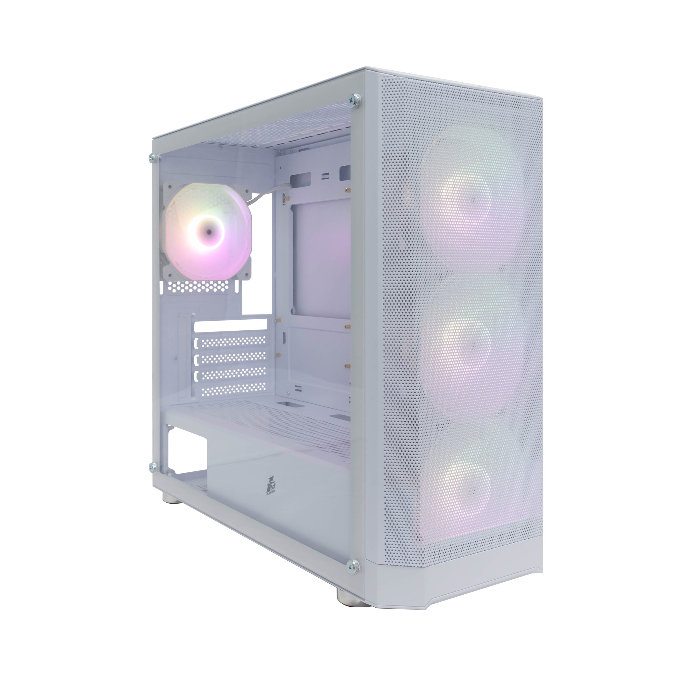 RGB PC case with three illuminated fans, ideal for gaming and high-performance computer setups.