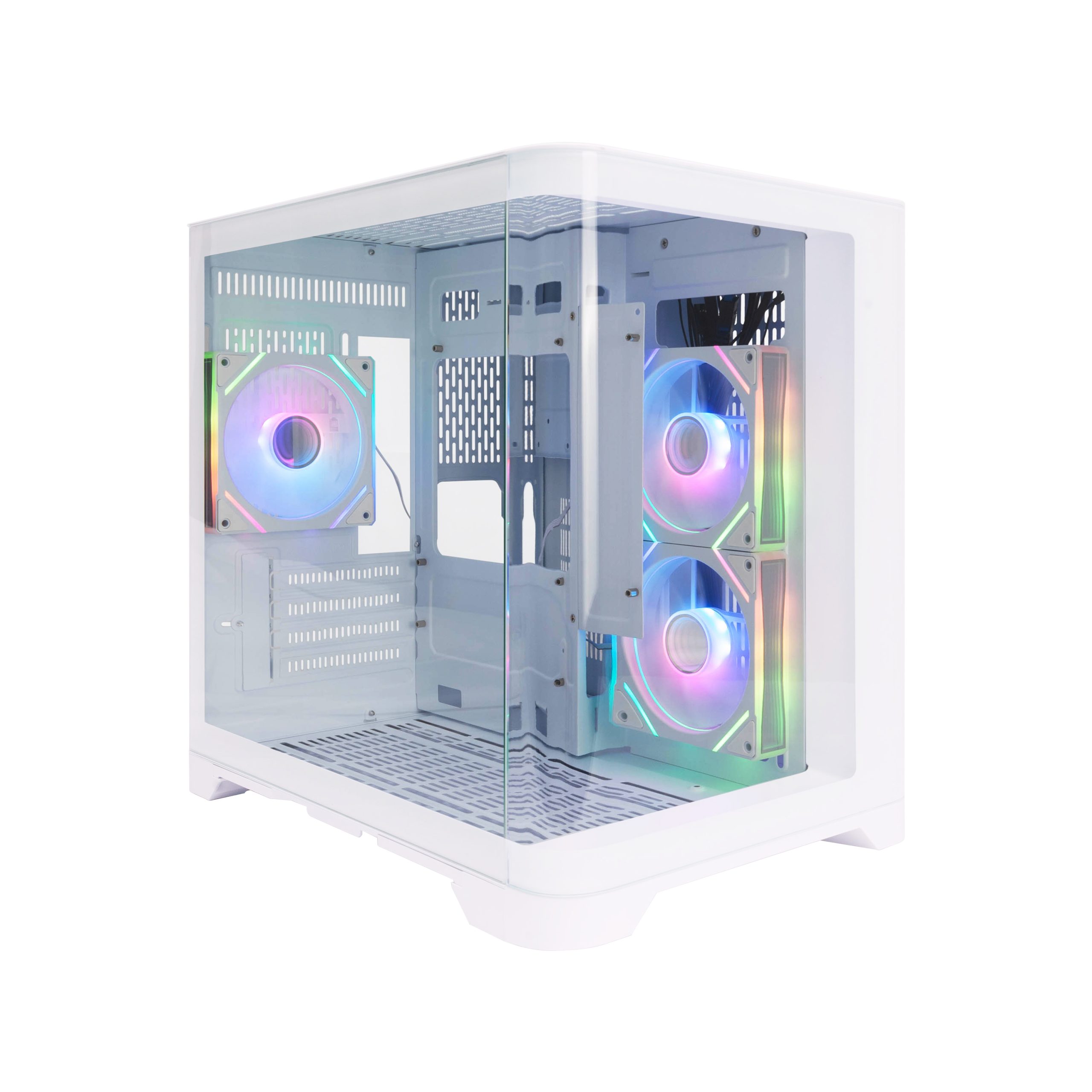 RGB PC case with transparent panels and multiple cooling fans for gaming and high-performance builds.