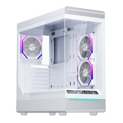 High-quality white computer case featuring RGB fans and sleek design.