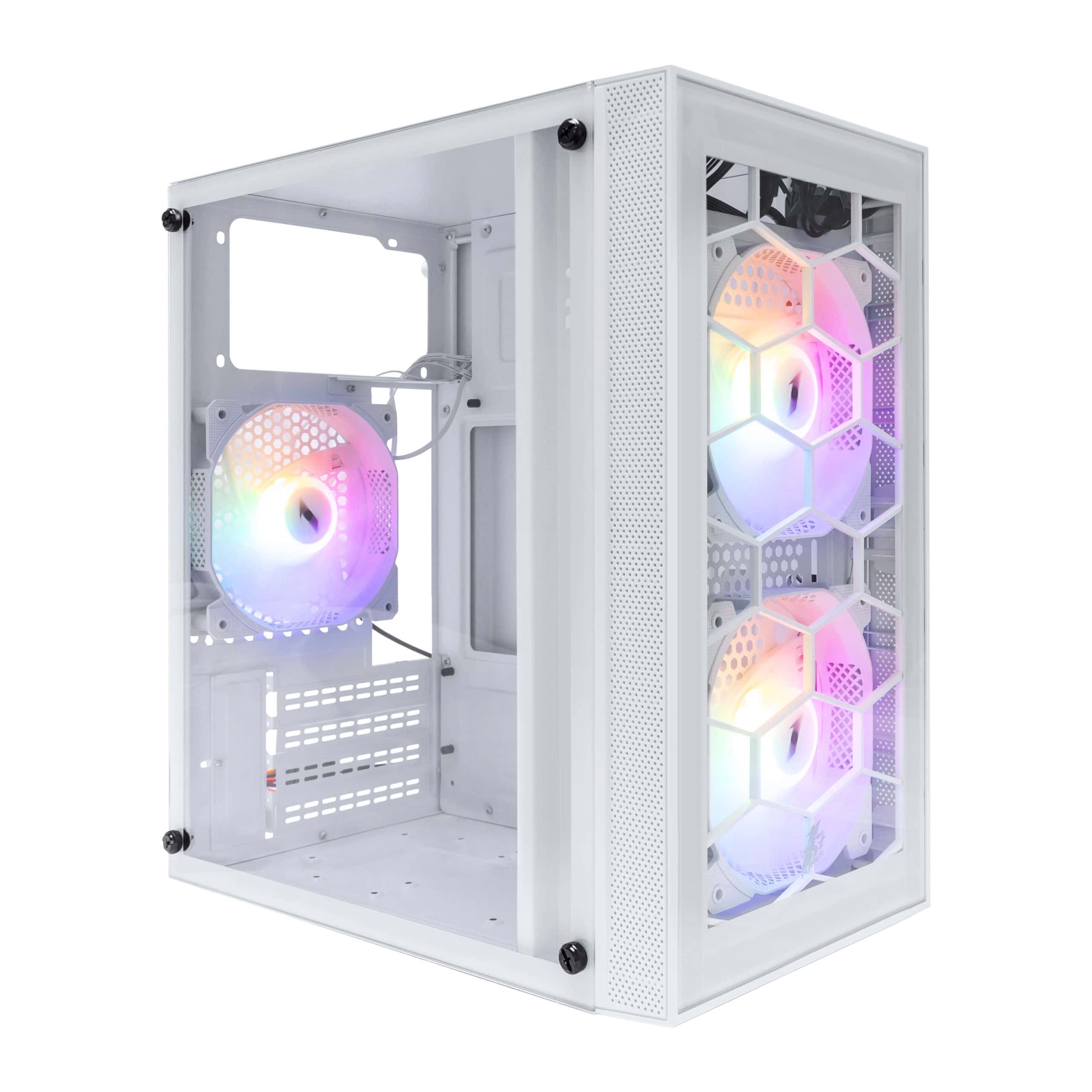 High-performance white gaming PC case with RGB fans and tempered glass panels.